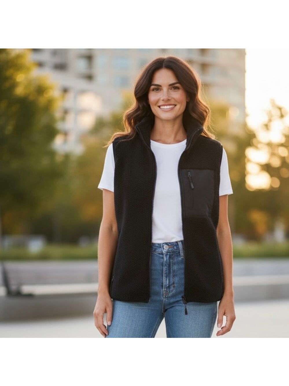 Dakini Black Fleece Zip Vest Women’s L High Neck Pocket Gorpcore Outdoor Hiking